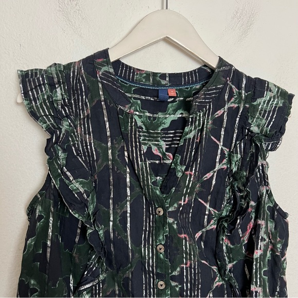 Anthropologie Pilcro Ruffled Button Front Sleeveless Blouse Black Print Top M - Picture 5 of 12